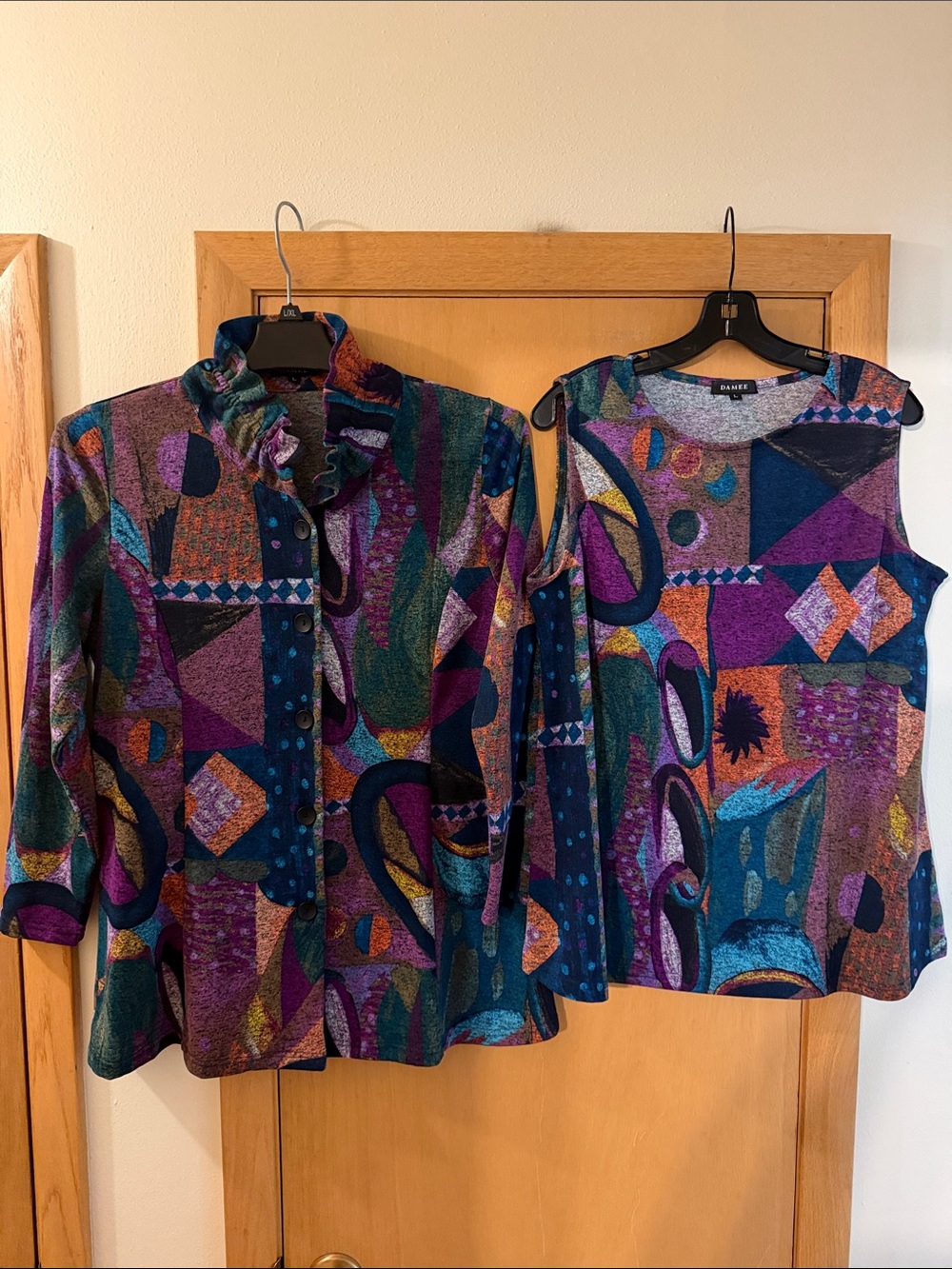 Damee Women’s Geometric Patterned Top Blouse Set Purple Teal Size Large